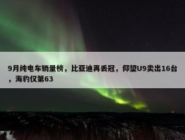 9月纯电车销量榜，比亚迪再丢冠，仰望U9卖出16台，海豹仅第63