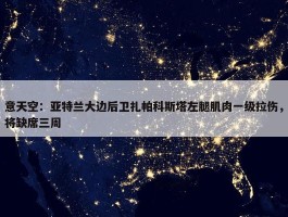 意天空：亚特兰大边后卫扎帕科斯塔左腿肌肉一级拉伤，将缺席三周