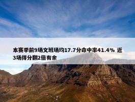 本赛季前9场文班场均17.7分命中率41.4% 近3场得分翻2倍有余