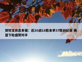 郑钦文状态多强：近20战18胜本季37胜创纪录 展望下轮盛赞对手