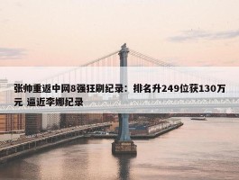 张帅重返中网8强狂刷纪录：排名升249位获130万元 逼近李娜纪录