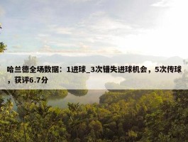 哈兰德全场数据：1进球_3次错失进球机会，5次传球，获评6.7分